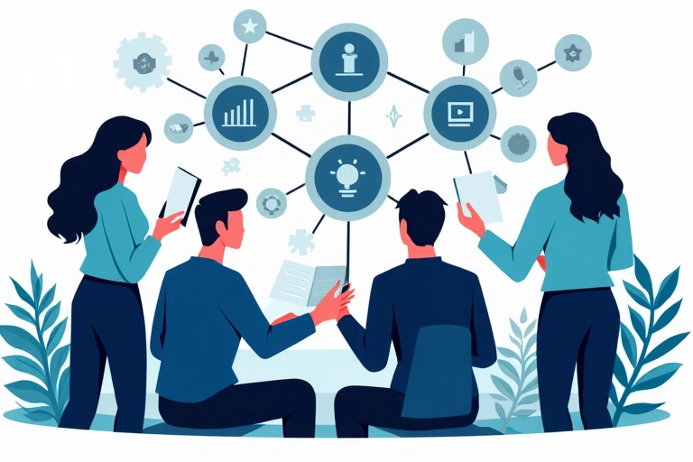 Ilustración de personas colaborando alrededor de un diagrama de flujo de datos, simbolizando innovación y transparencia.