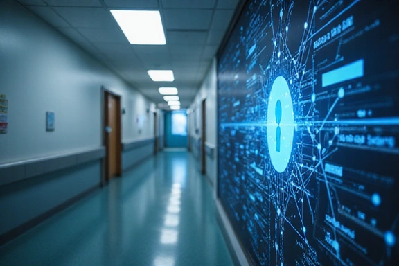 Ilustración de datos de pacientes protegidos por inteligencia artificial en un entorno hospitalario.