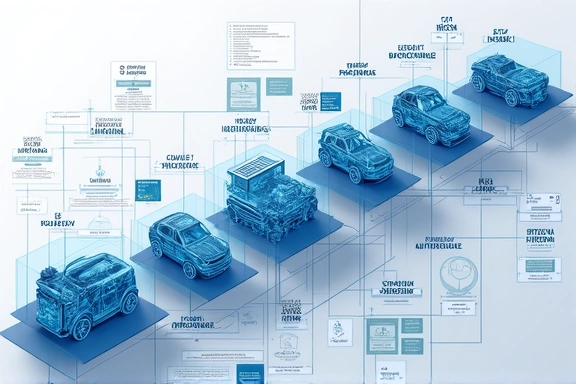Representación visual de una cadena de suministro automotriz con puntos de datos y análisis de IA.