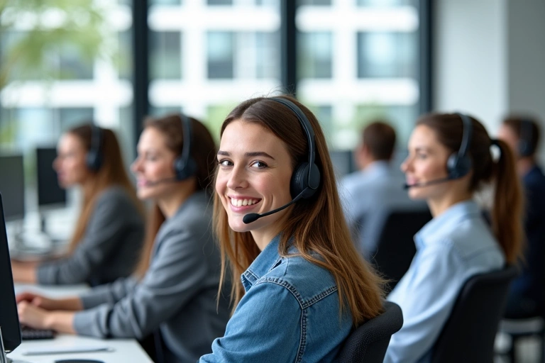 Equipo de soporte al cliente trabajando en una oficina moderna