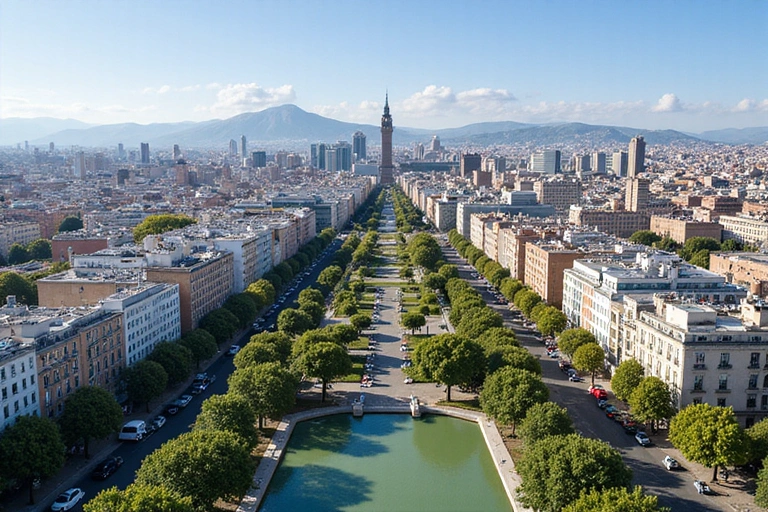 Vista aérea de Madrid con edificios modernos y zonas verdes
