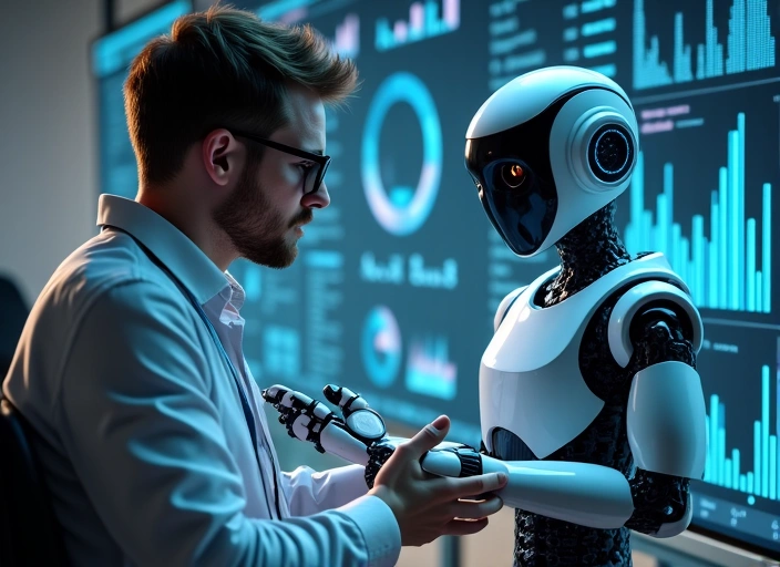 Robot asistiendo en tareas de auditoría con gráficos y datos