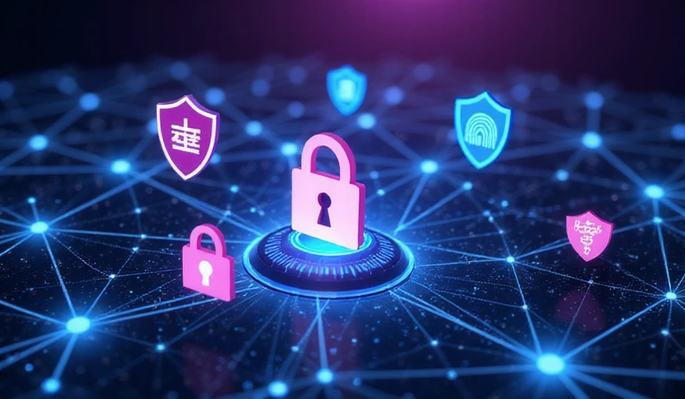 Iconos de seguridad digital superpuestos sobre un fondo de nodos de blockchain interconectados.